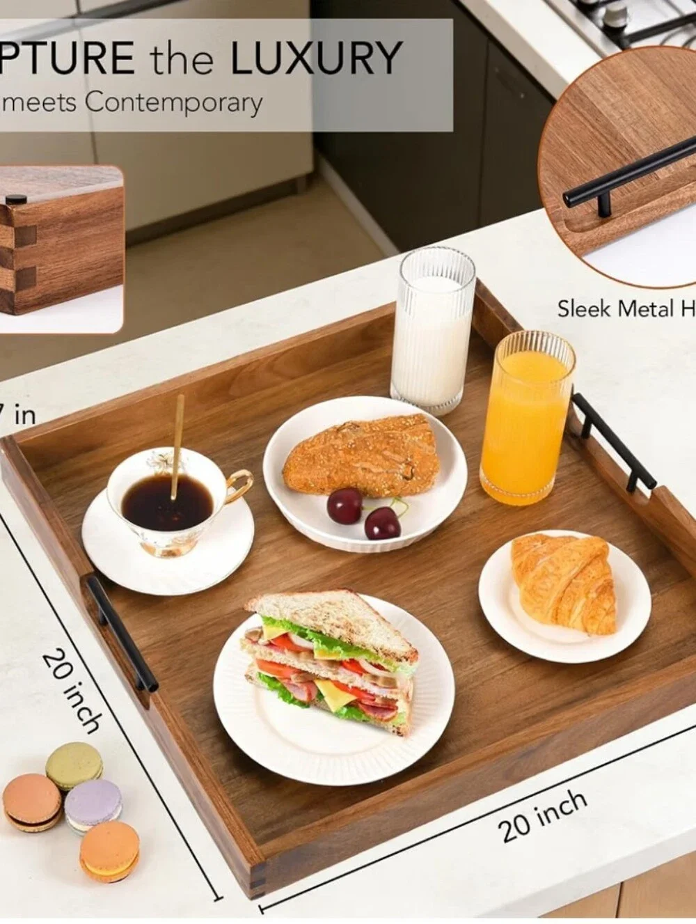 Classic Acacia Wood Serving Tray with Built-In Side Handles - size 20 x 20